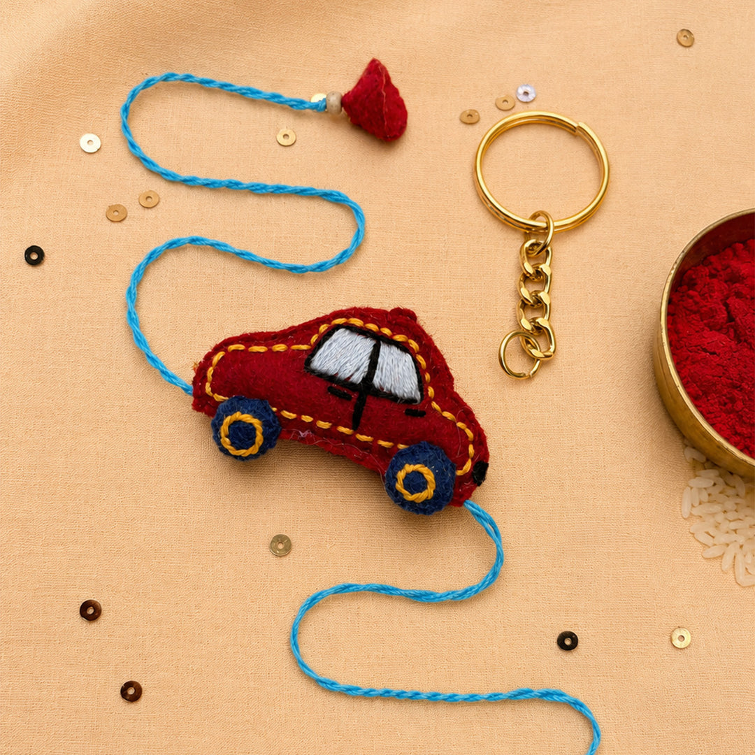 Hand Embroidered 3D Car Rakhi With Keychain For Brother