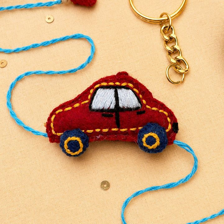 Hand Embroidered 3D Car Rakhi With Keychain For Brother
