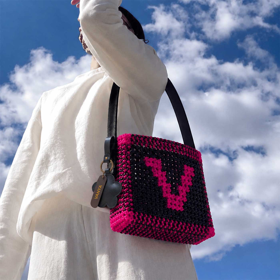 Black & Pink Personalized Monogram Handmade Wire Koodai Handbag