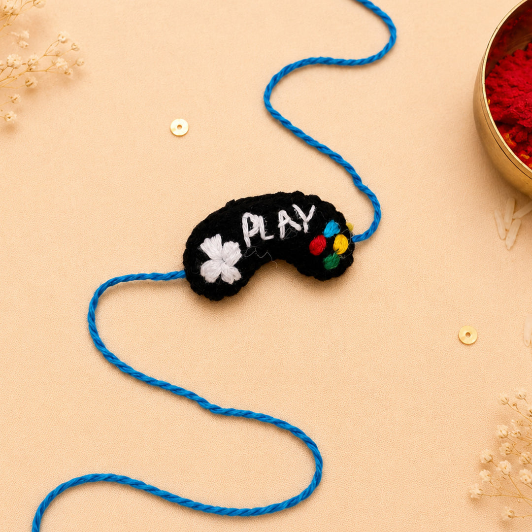 Hand Embroidered Game Console Rakhi With Keychain For Brother