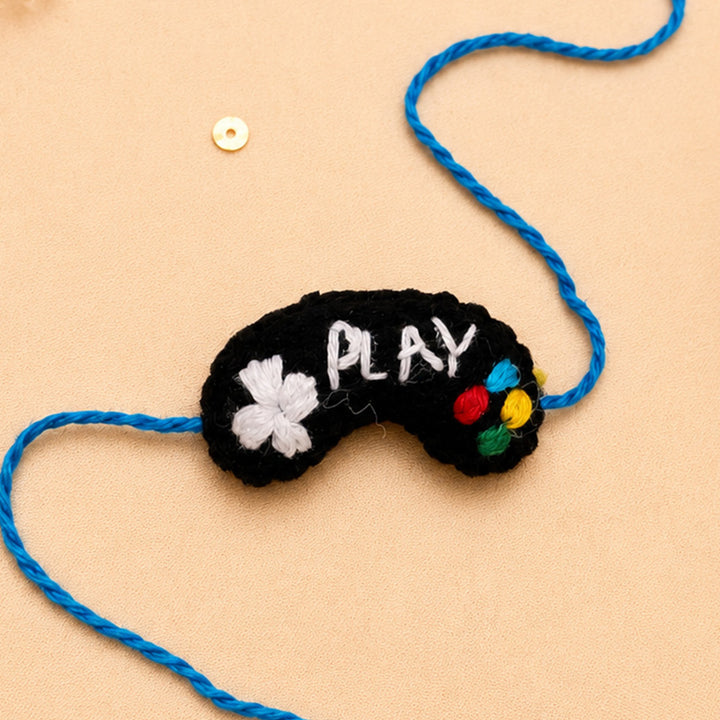Hand Embroidered Game Console Rakhi With Keychain For Brother