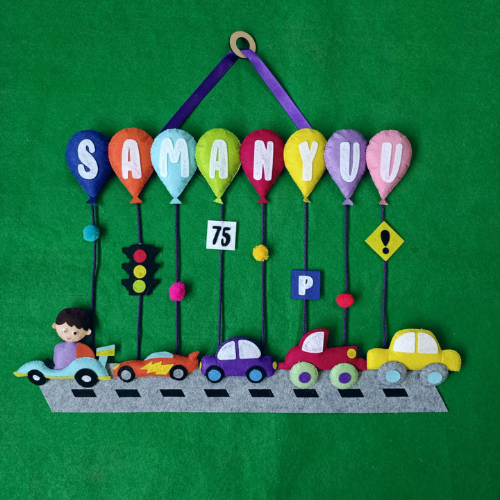 Handcrafted Personalized Car Balloon Themed Felt Name Plate For Kids - Hanging Name Personalization Example