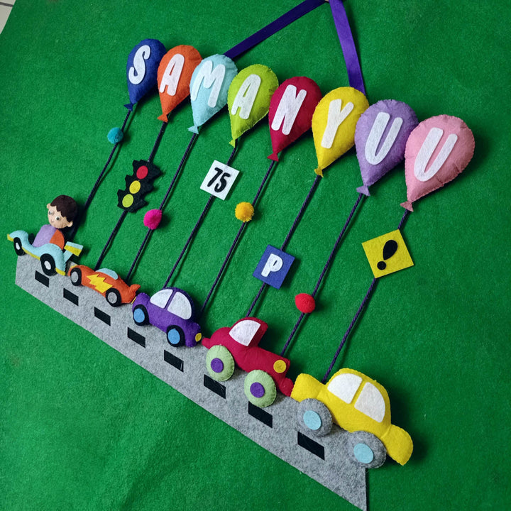 Handcrafted Personalized Car Balloon Themed Felt Name Plate For Kids - Front View Hanging Display
