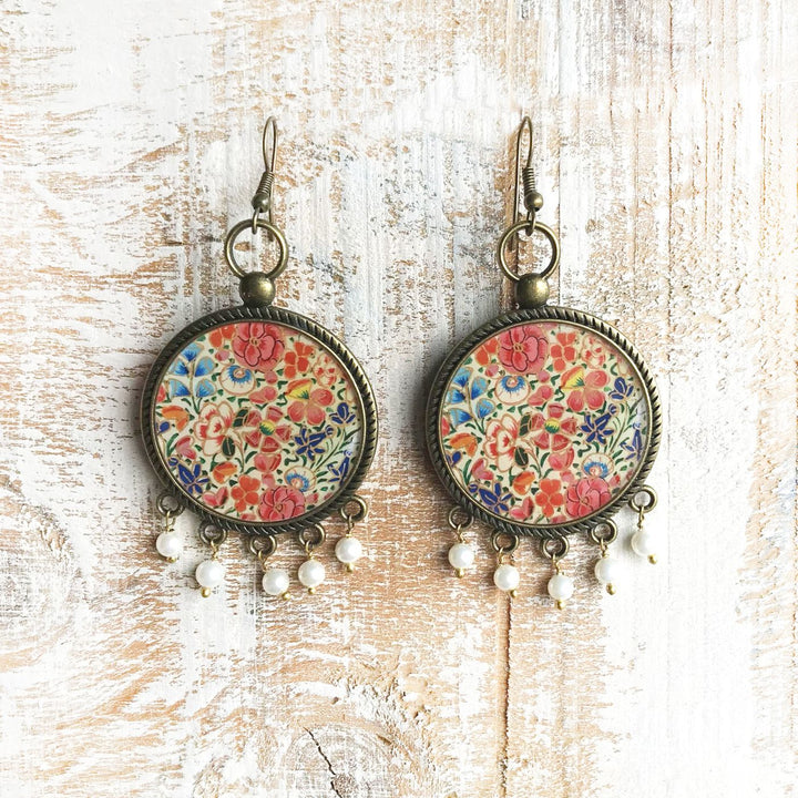 Kashmiri Tulips Design Pearl Drops Metal Earrings