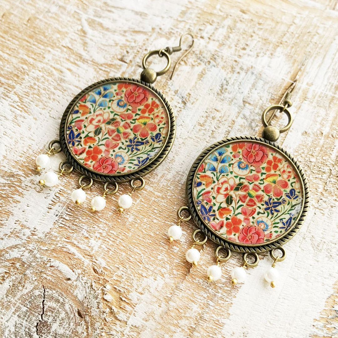 Kashmiri Tulips Design Pearl Drops Metal Earrings