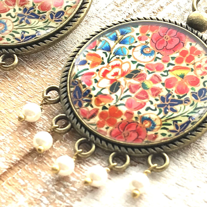 Kashmiri Tulips Design Pearl Drops Metal Earrings