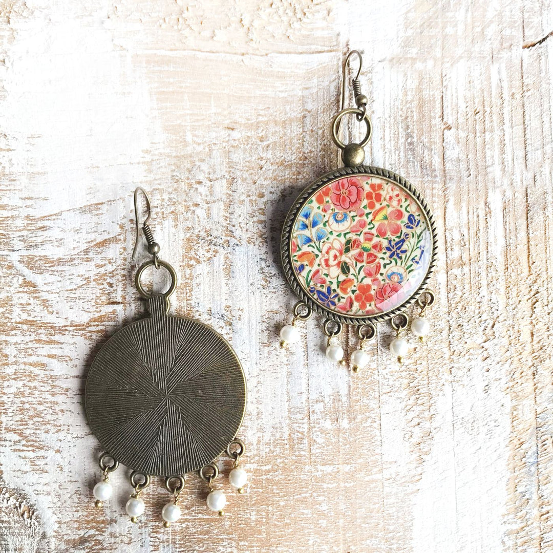 Kashmiri Tulips Design Pearl Drops Metal Earrings
