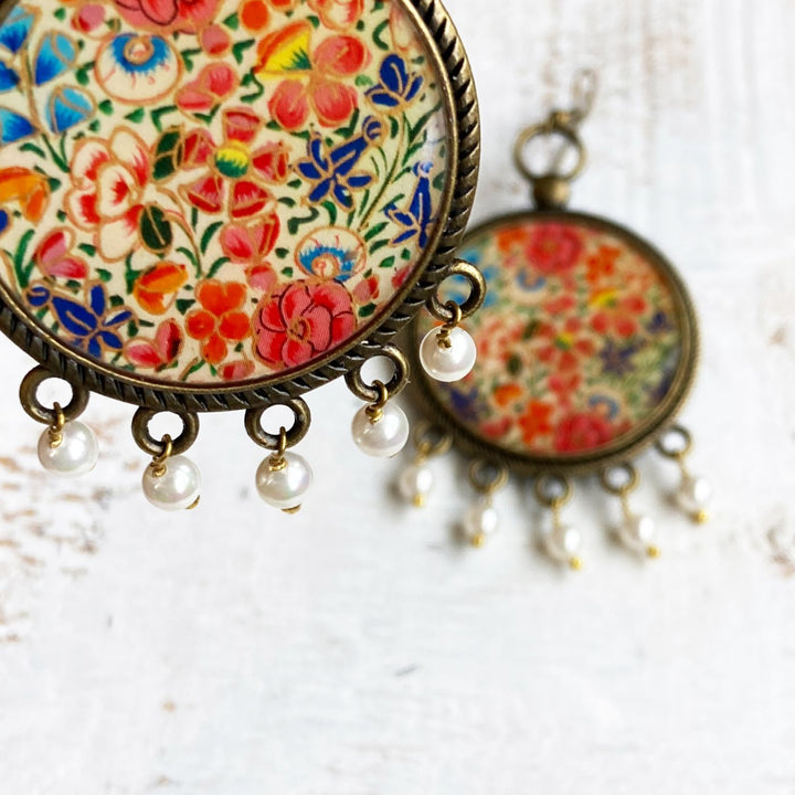 Kashmiri Tulips Design Pearl Drops Metal Earrings