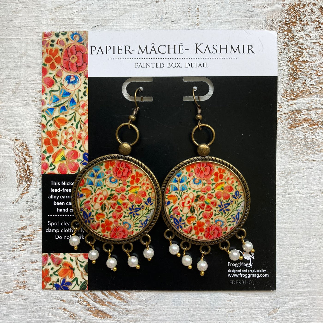 Kashmiri Tulips Design Pearl Drops Metal Earrings