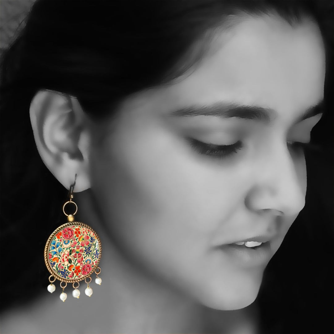 Kashmiri Tulips Design Pearl Drops Metal Earrings