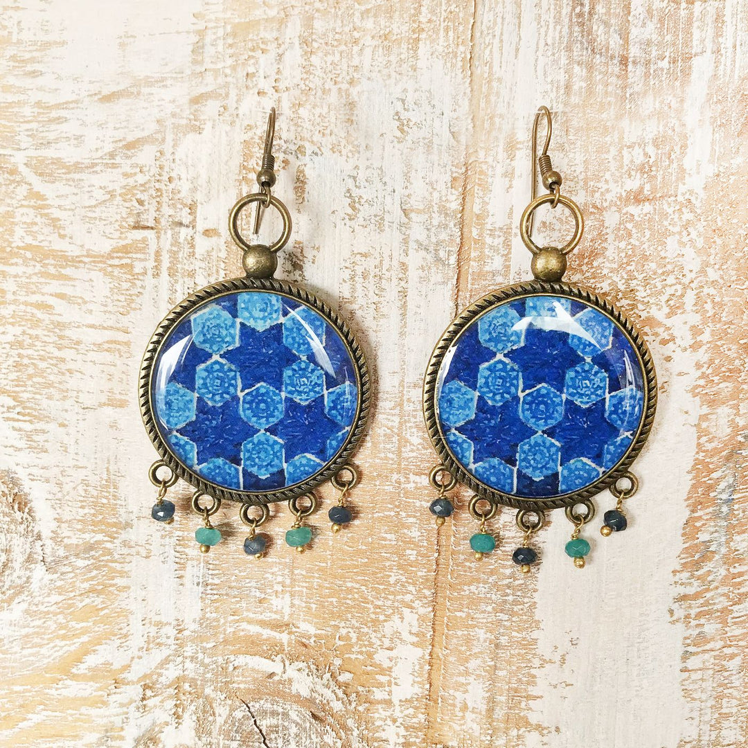 Blue Mughal Tile Pattern Pearl Drops Metal Earrings