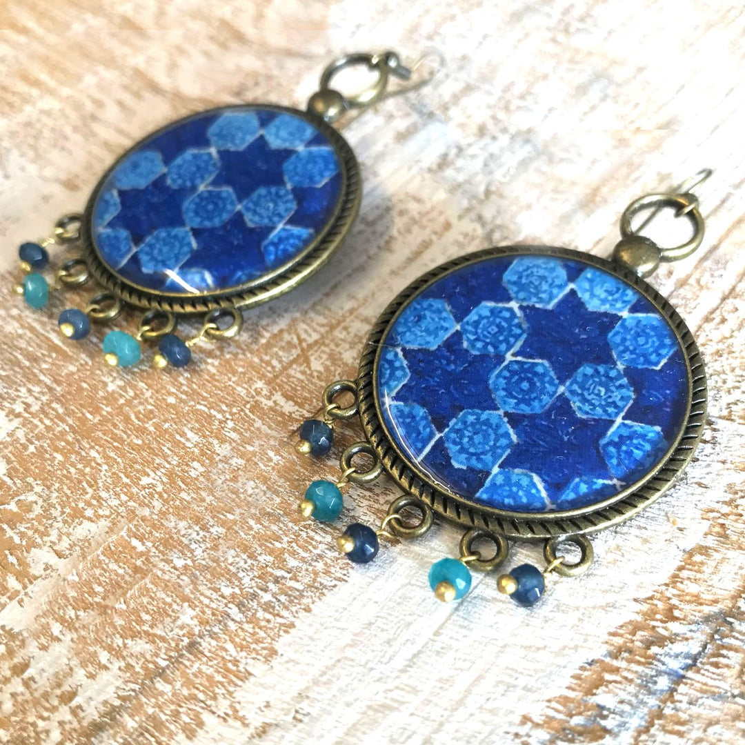 Blue Mughal Tile Pattern Pearl Drops Metal Earrings