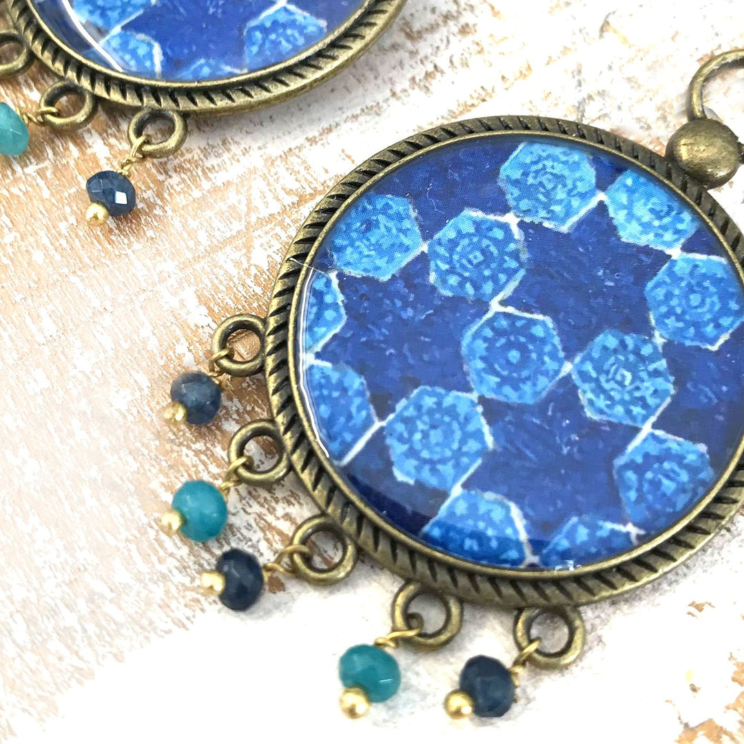 Blue Mughal Tile Pattern Pearl Drops Metal Earrings