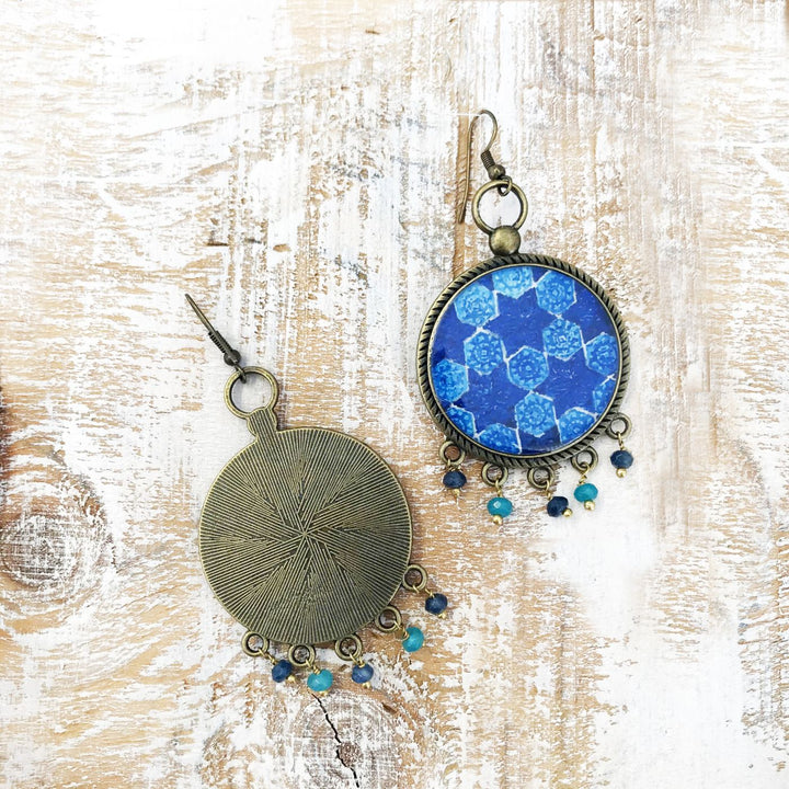 Blue Mughal Tile Pattern Pearl Drops Metal Earrings
