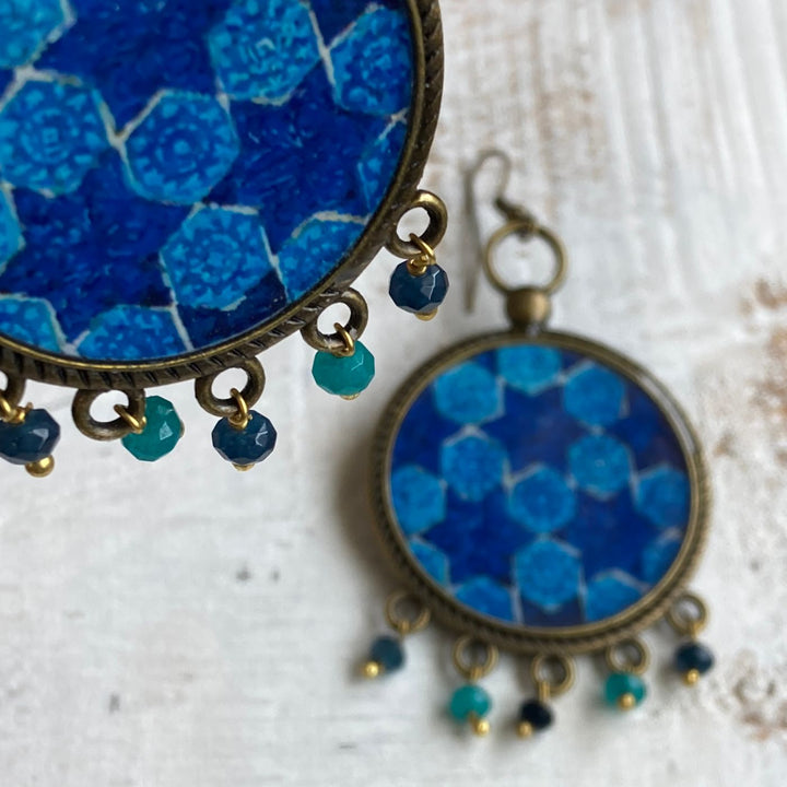 Blue Mughal Tile Pattern Pearl Drops Metal Earrings