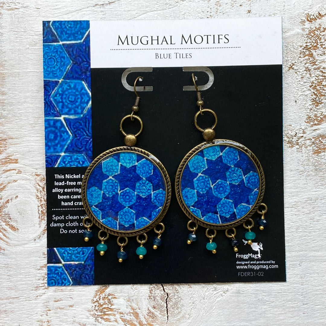 Blue Mughal Tile Pattern Pearl Drops Metal Earrings
