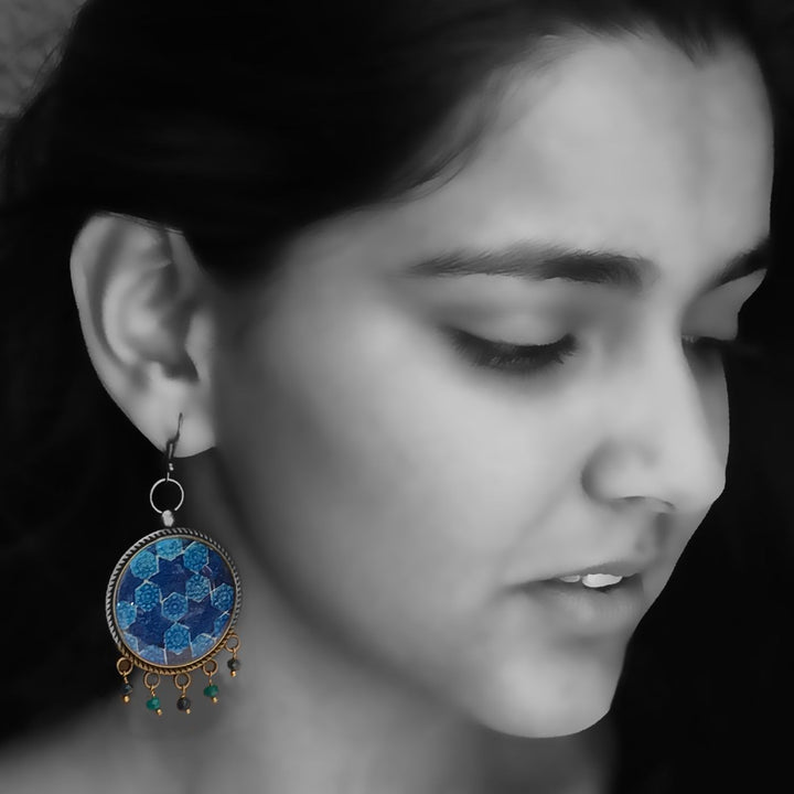 Blue Mughal Tile Pattern Pearl Drops Metal Earrings