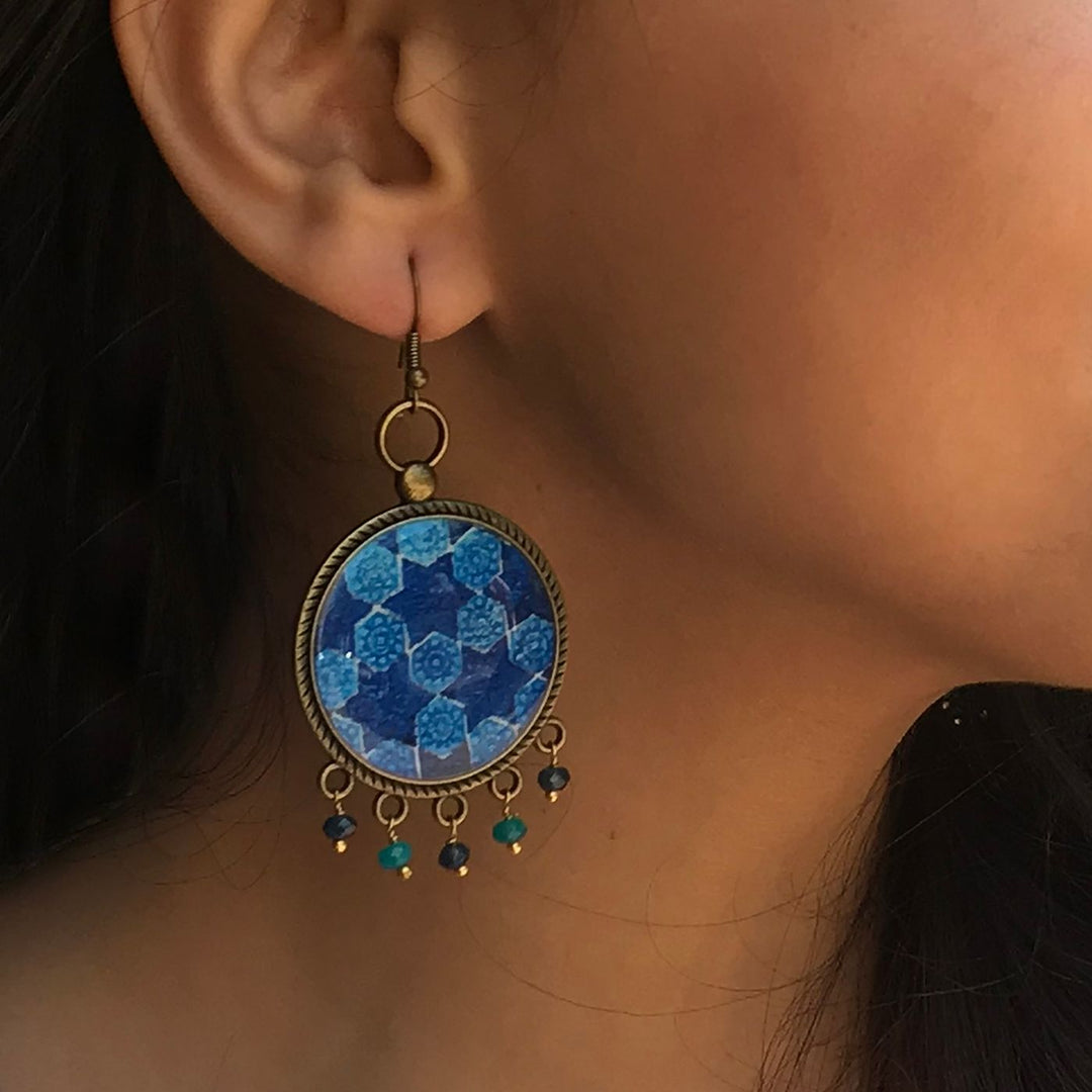 Blue Mughal Tile Pattern Pearl Drops Metal Earrings