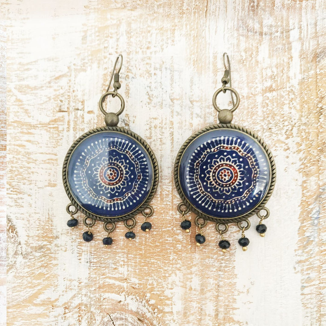 Blue Gujrati Ajrakh Design Pearl Drops Metal Earrings