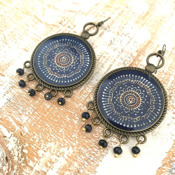 Blue Gujrati Ajrakh Design Pearl Drops Metal Earrings
