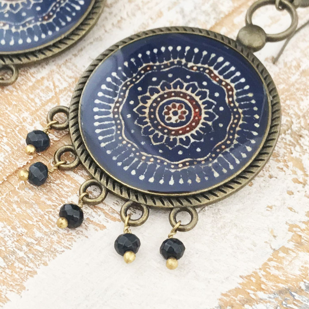 Blue Gujrati Ajrakh Design Pearl Drops Metal Earrings