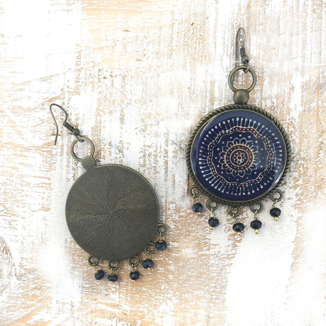 Blue Gujrati Ajrakh Design Pearl Drops Metal Earrings