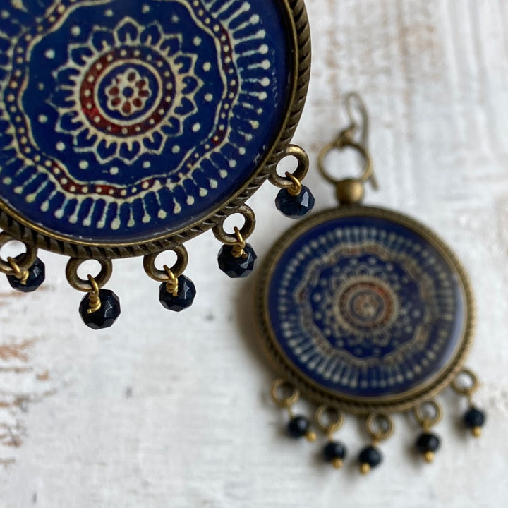 Blue Gujrati Ajrakh Design Pearl Drops Metal Earrings