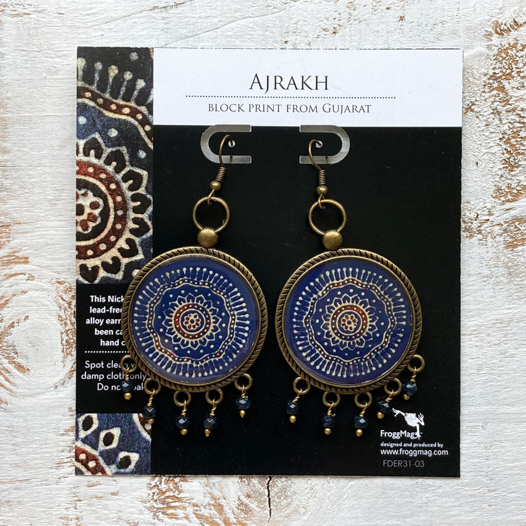 Blue Gujrati Ajrakh Design Pearl Drops Metal Earrings