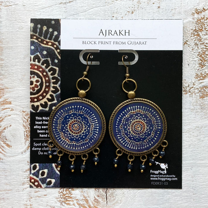 Blue Gujrati Ajrakh Design Pearl Drops Metal Earrings
