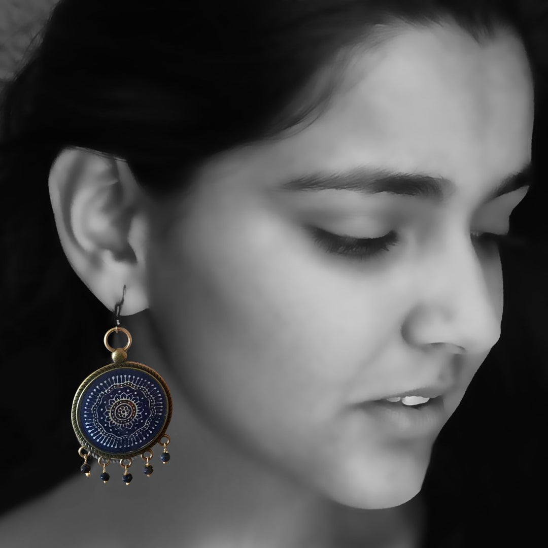 Blue Gujrati Ajrakh Design Pearl Drops Metal Earrings