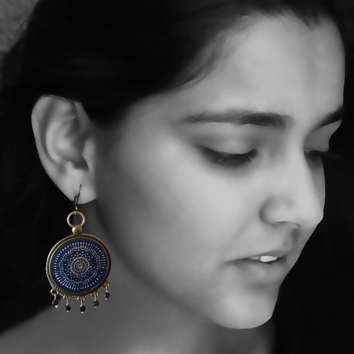 Blue Gujrati Ajrakh Design Pearl Drops Metal Earrings