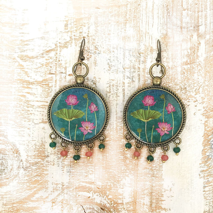 Green Lotus Miniatue Paintaing Pearl Drop Metal Earrings
