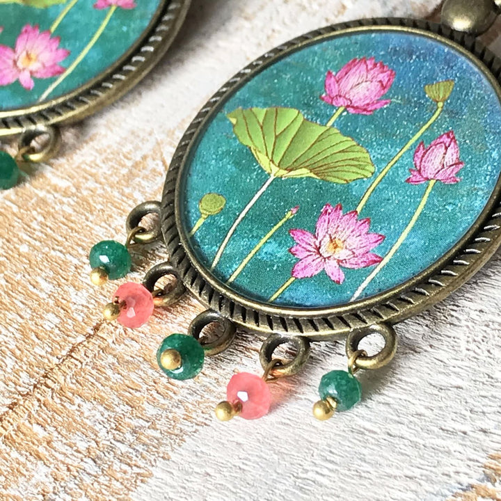 Green Lotus Miniatue Paintaing Pearl Drop Metal Earrings