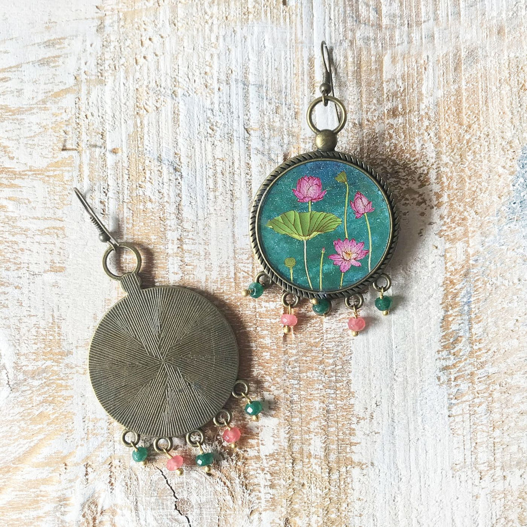 Green Lotus Miniatue Paintaing Pearl Drop Metal Earrings