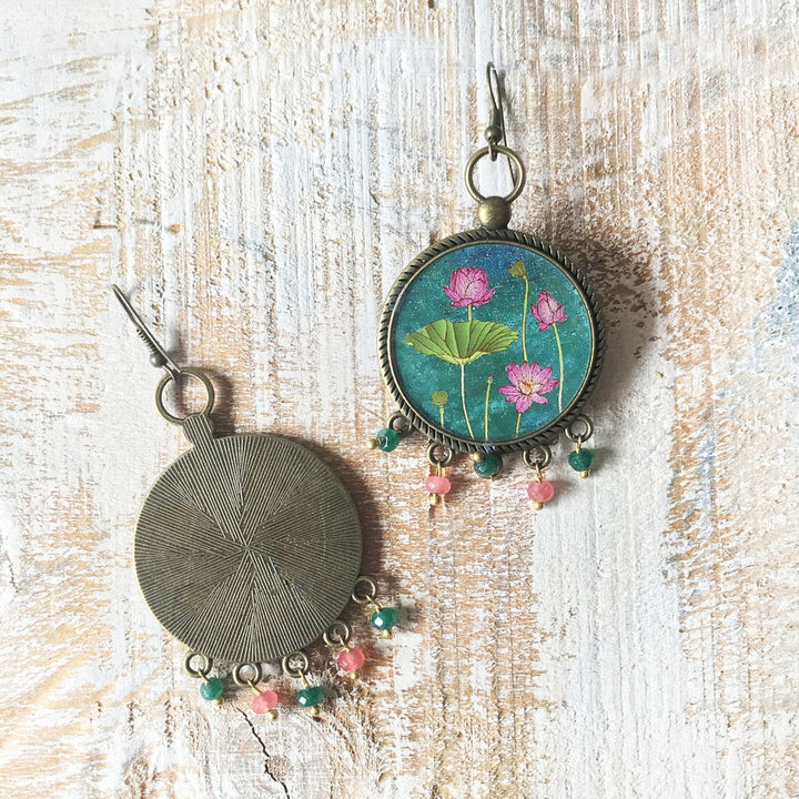 Green Lotus Miniatue Paintaing Pearl Drop Metal Earrings