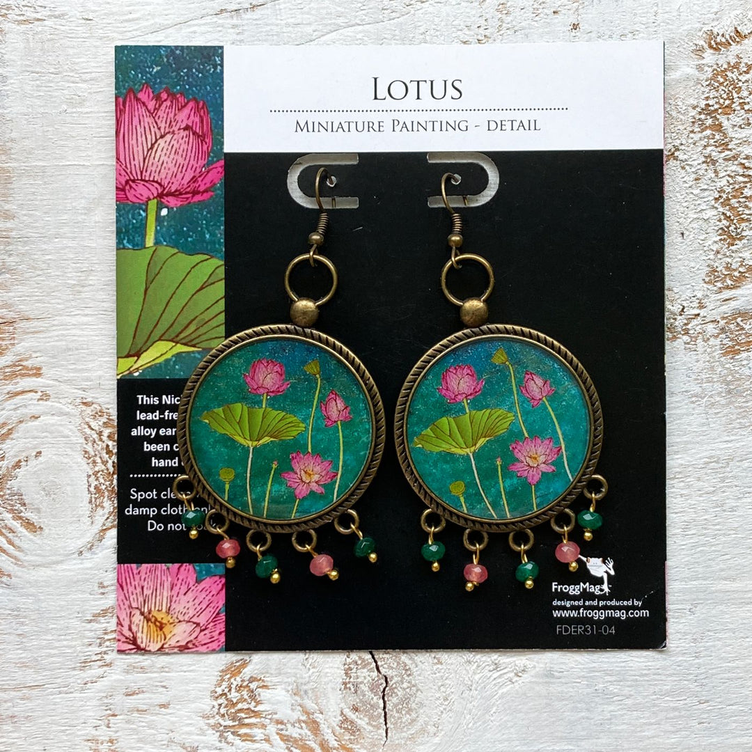 Green Lotus Miniatue Paintaing Pearl Drop Metal Earrings