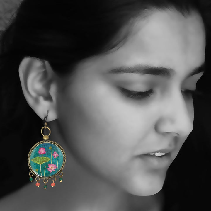 Green Lotus Miniatue Paintaing Pearl Drop Metal Earrings