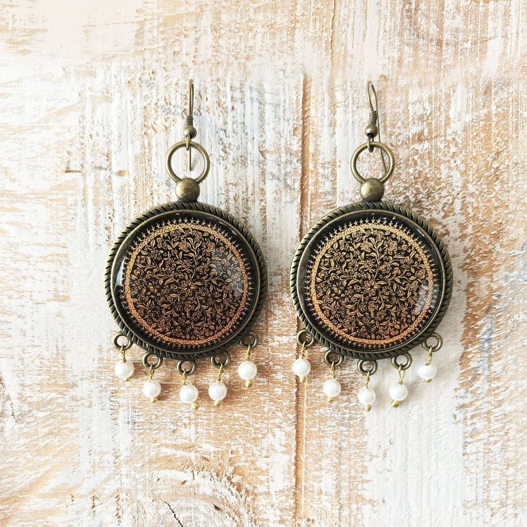 Kashmiri Naqashi-Inspired Intricate Gold Floral Print Pearl Drops Metal Earrings