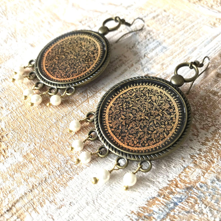 Kashmiri Naqashi-Inspired Intricate Gold Floral Print Pearl Drops Metal Earrings