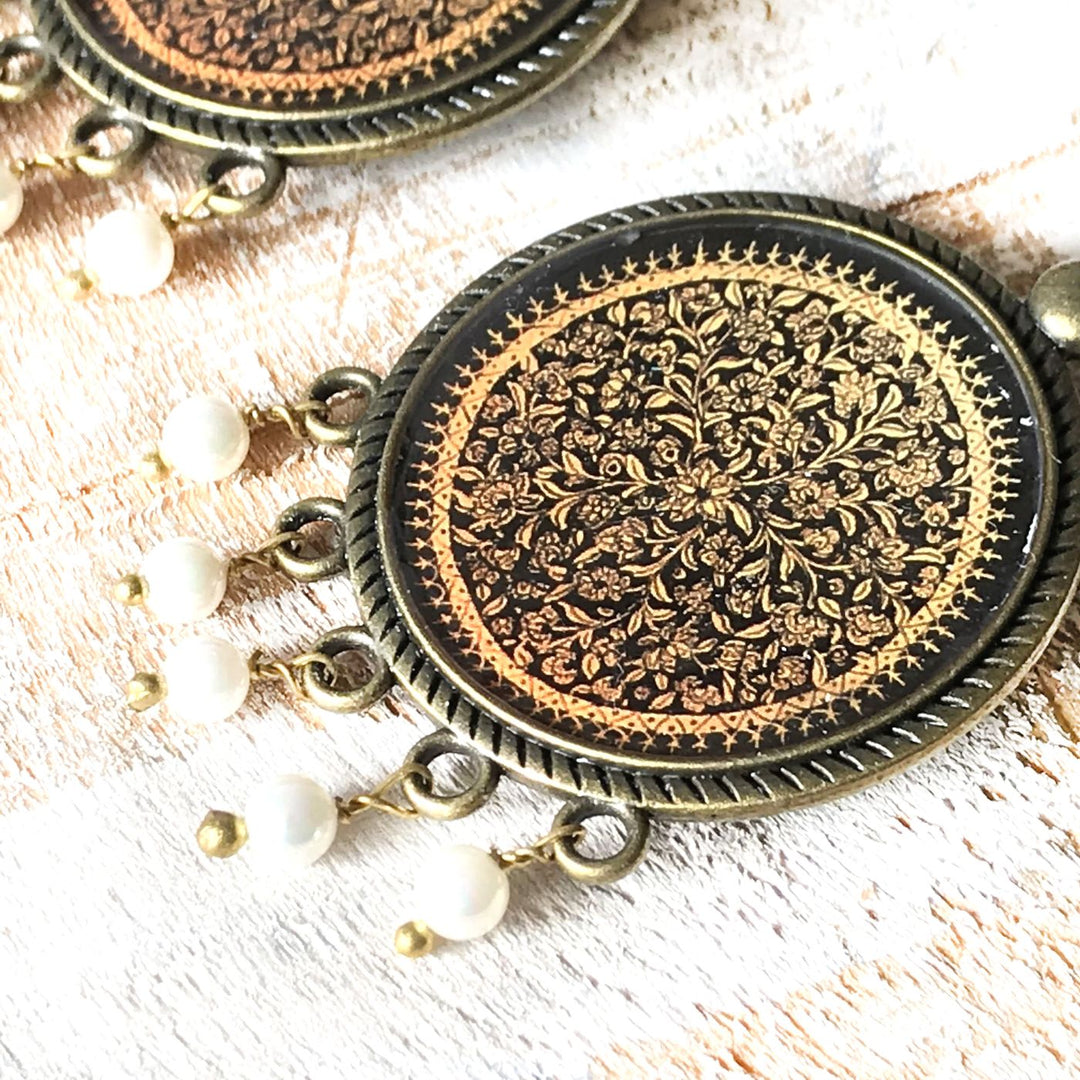 Kashmiri Naqashi-Inspired Intricate Gold Floral Print Pearl Drops Metal Earrings