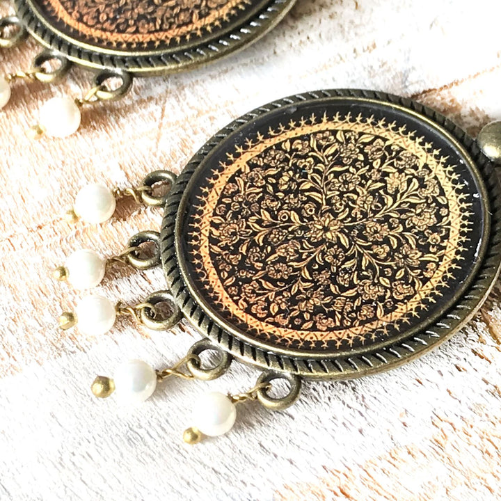 Kashmiri Naqashi-Inspired Intricate Gold Floral Print Pearl Drops Metal Earrings