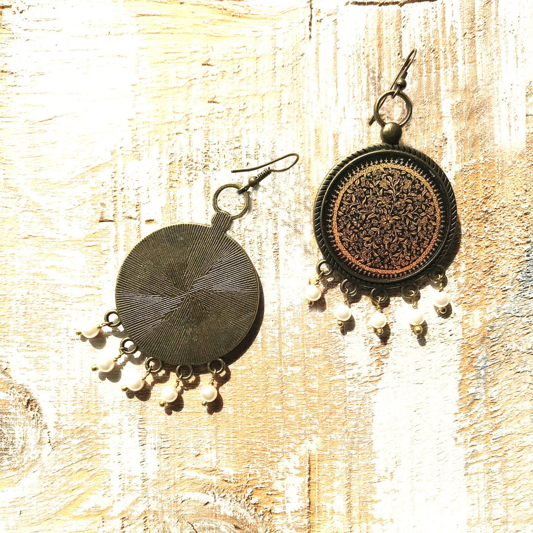 Kashmiri Naqashi-Inspired Intricate Gold Floral Print Pearl Drops Metal Earrings