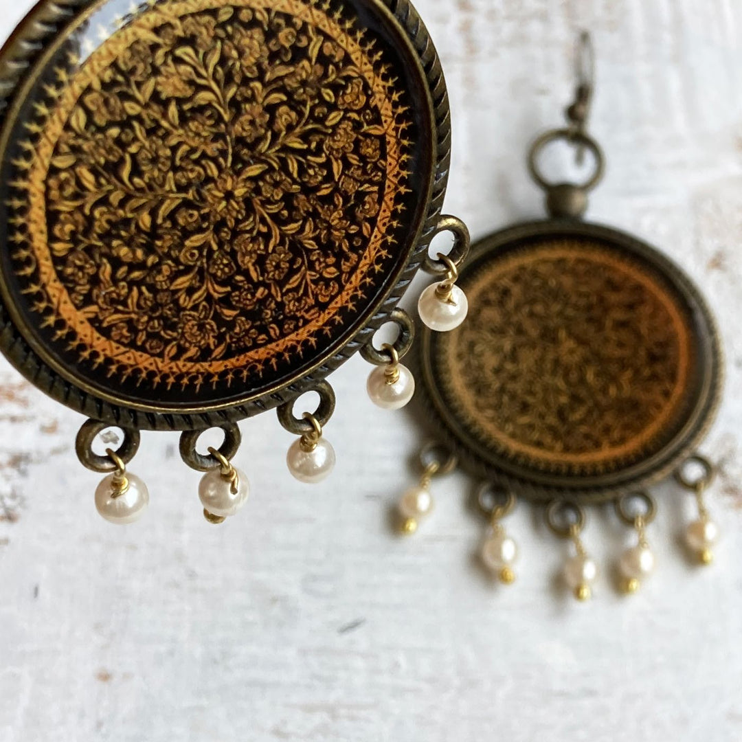 Kashmiri Naqashi-Inspired Intricate Gold Floral Print Pearl Drops Metal Earrings