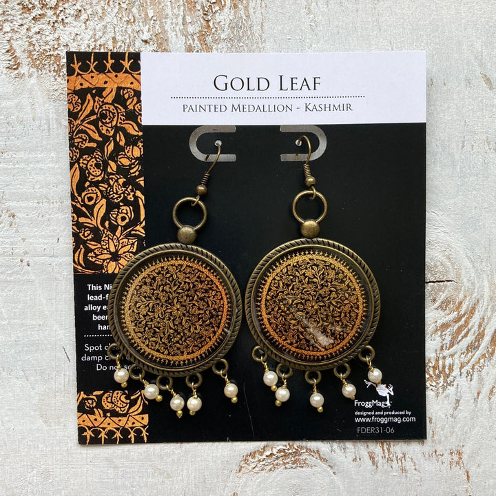 Kashmiri Naqashi-Inspired Intricate Gold Floral Print Pearl Drops Metal Earrings