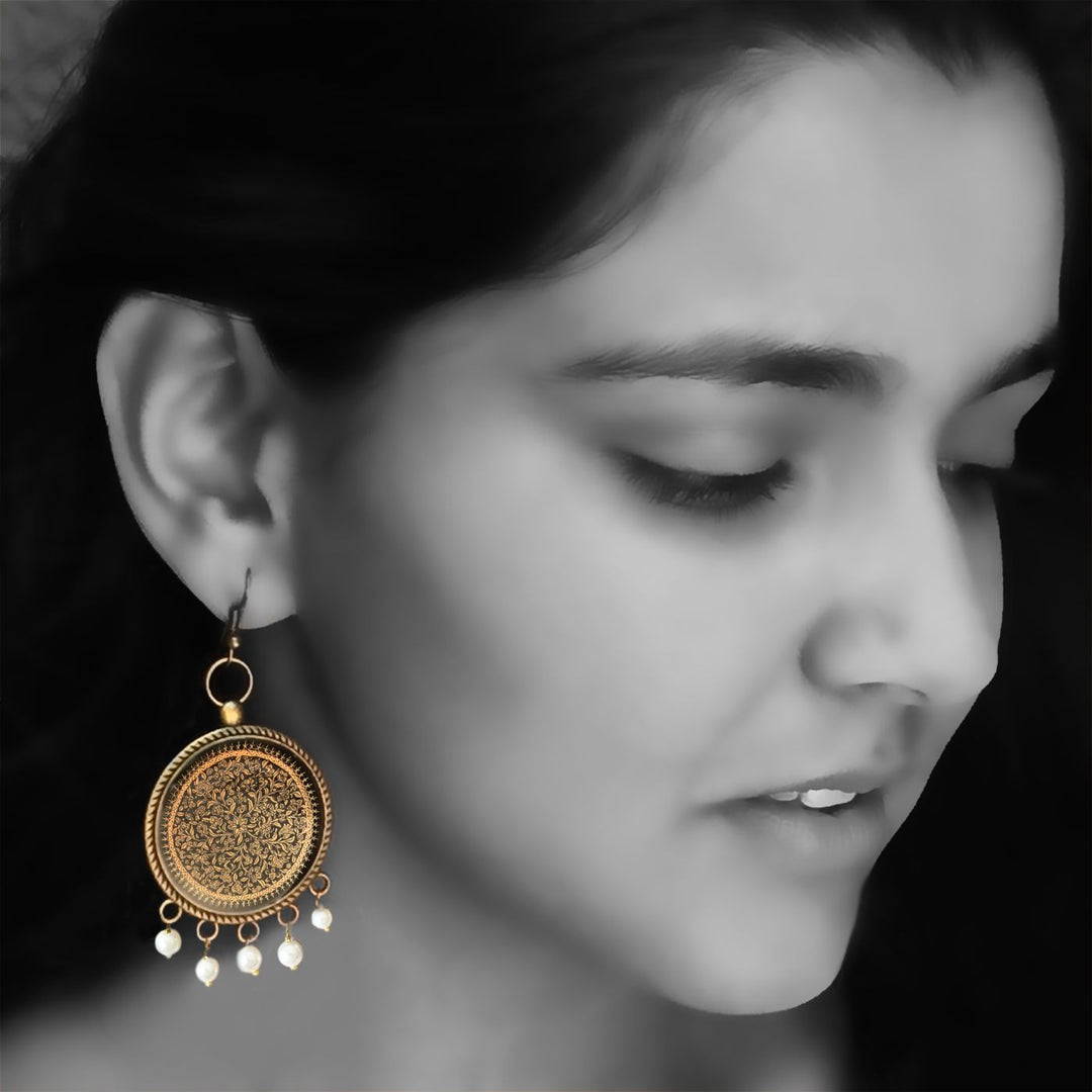 Kashmiri Naqashi-Inspired Intricate Gold Floral Print Pearl Drops Metal Earrings