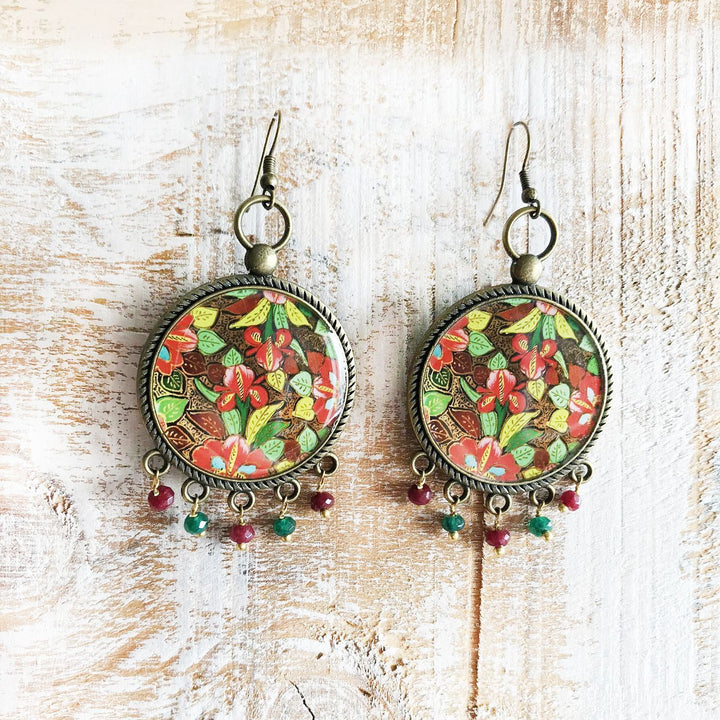 Gul Hazara-Inspired Kashmiri Naqashi Floral Print Beaded Drop Metal Earrings