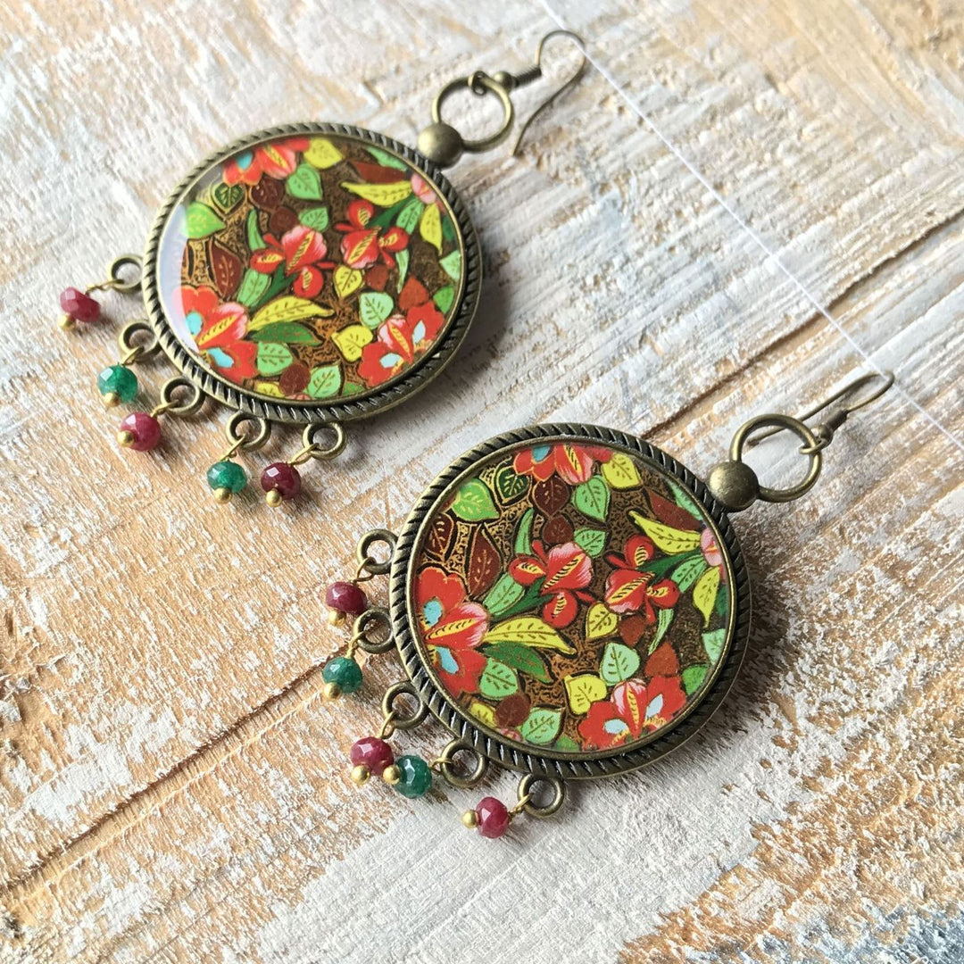 Gul Hazara-Inspired Kashmiri Naqashi Floral Print Beaded Drop Metal Earrings