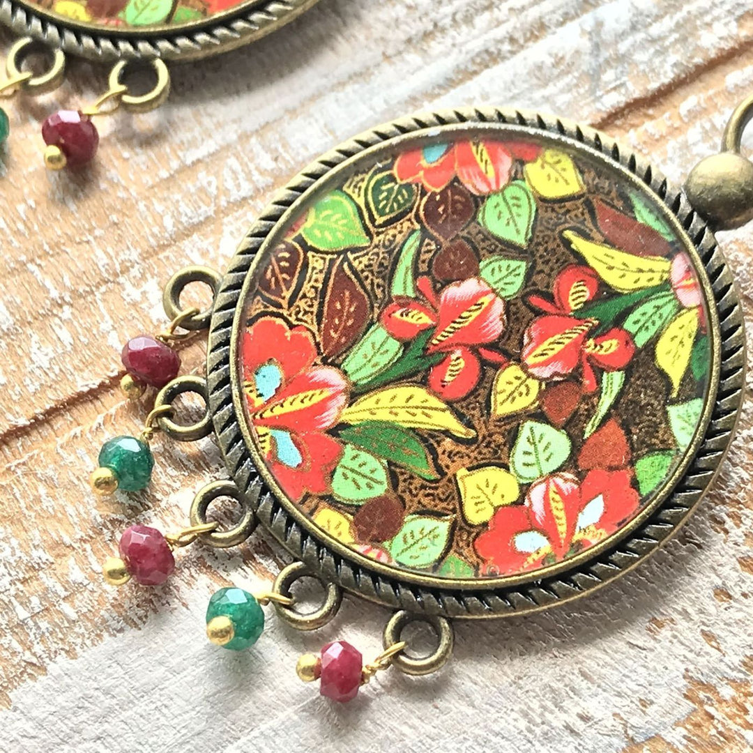 Gul Hazara-Inspired Kashmiri Naqashi Floral Print Beaded Drop Metal Earrings
