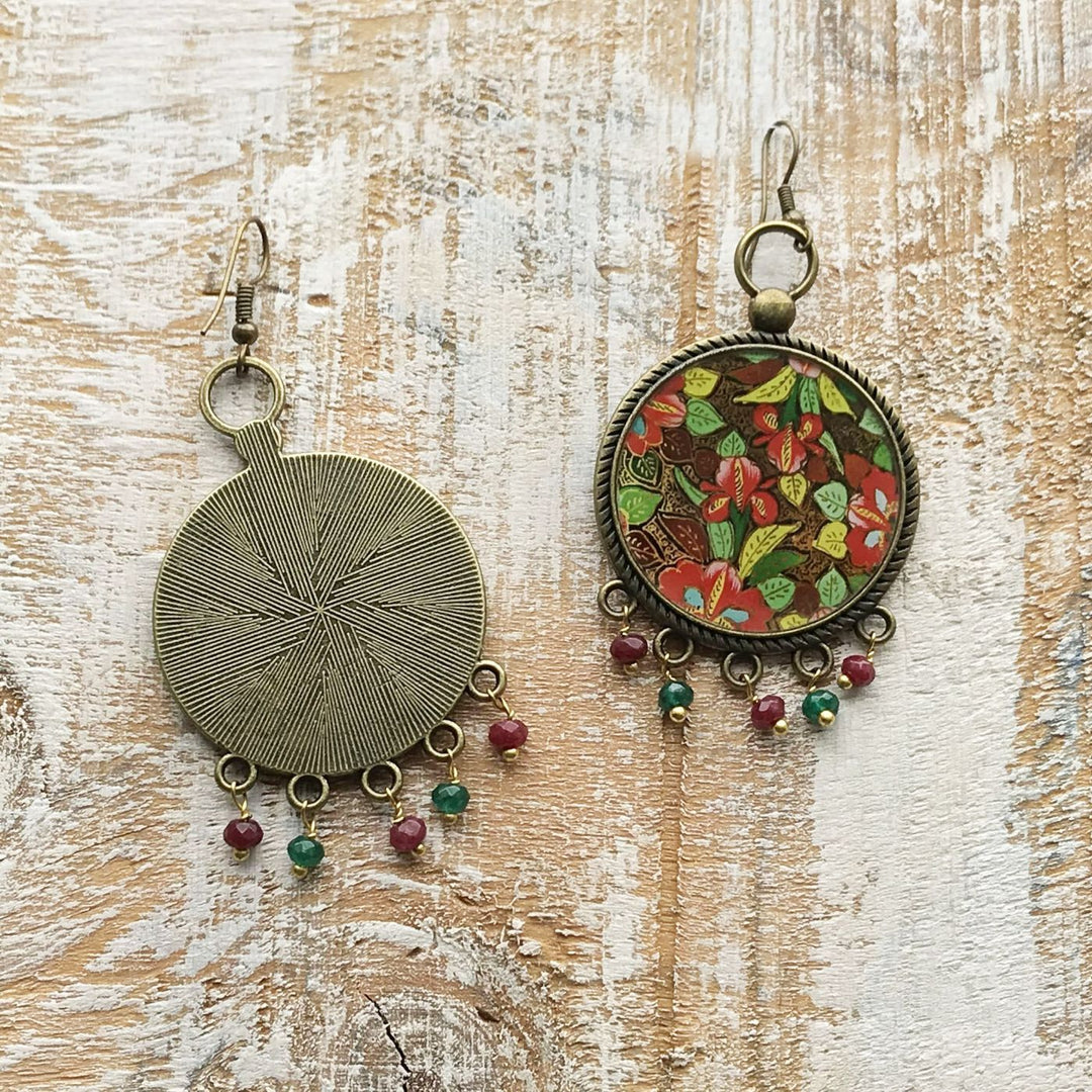 Gul Hazara-Inspired Kashmiri Naqashi Floral Print Beaded Drop Metal Earrings