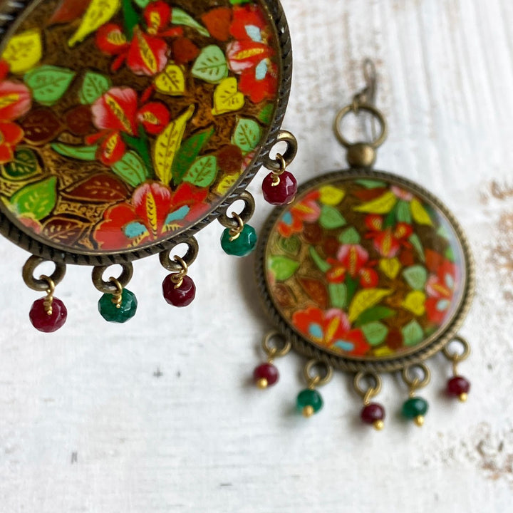 Gul Hazara-Inspired Kashmiri Naqashi Floral Print Beaded Drop Metal Earrings
